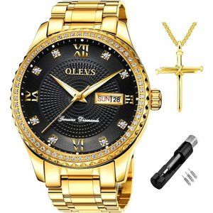 Diamond Watches for Men,Business Dress Watch Waterproof Luminous,Golden Big Dial